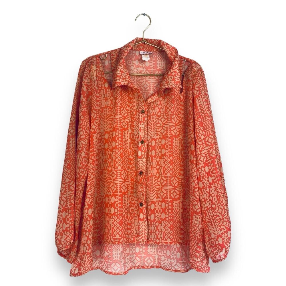 Nikia Sheer Cold Shoulder Collared Button Up Aztec Geometric Blouse Size 1XL 259